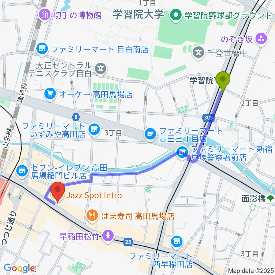 学習院下駅から高田馬場イントロへのルートマップ地図