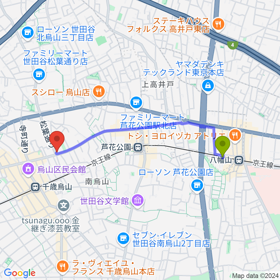 八幡山駅からクレッシェレ音楽教室 千歳烏山校へのルートマップ地図