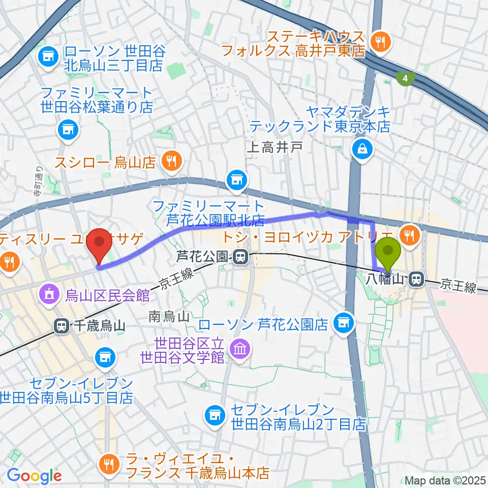 八幡山駅からクレッシェレ音楽教室 千歳烏山校へのルートマップ地図