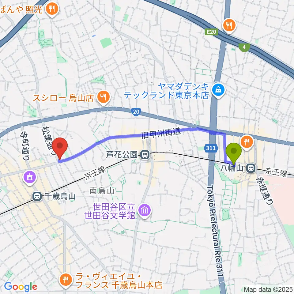 八幡山駅からクレッシェレ音楽教室 千歳烏山校へのルートマップ地図