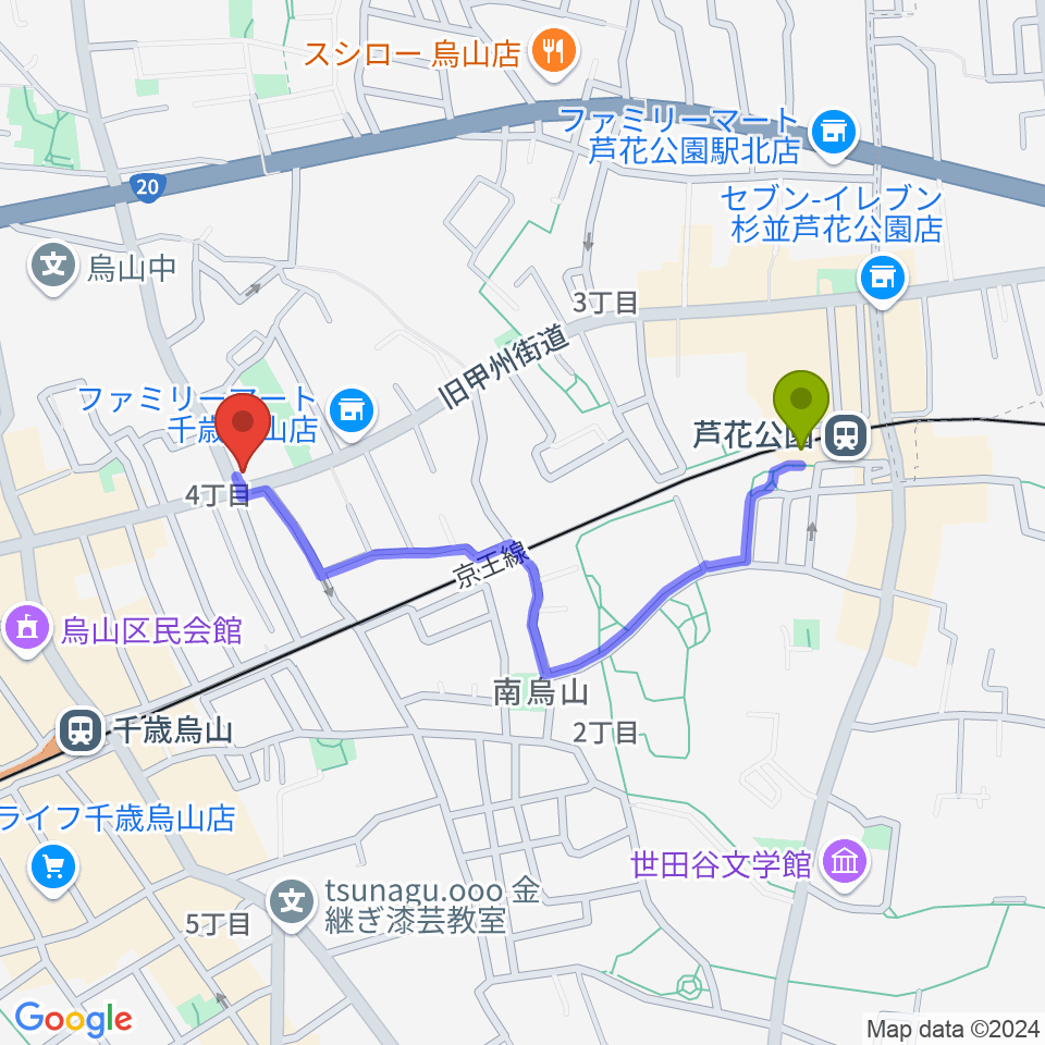 芦花公園駅からクレッシェレ音楽教室 千歳烏山校へのルートマップ地図