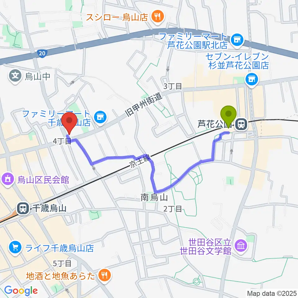 芦花公園駅からクレッシェレ音楽教室 千歳烏山校へのルートマップ地図