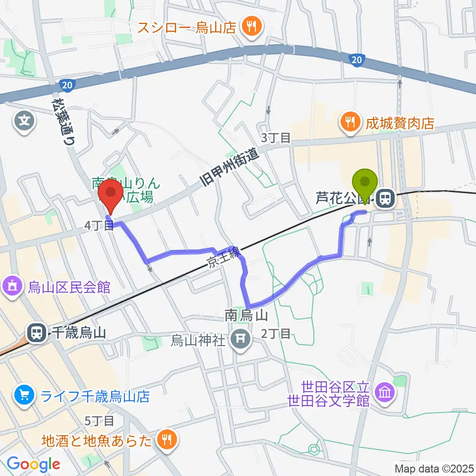 芦花公園駅からクレッシェレ音楽教室 千歳烏山校へのルートマップ地図