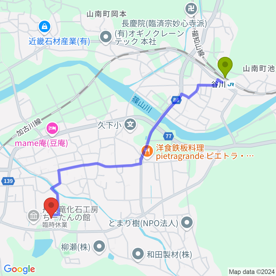 谷川駅から山南住民センターやまなみホールへのルートマップ地図