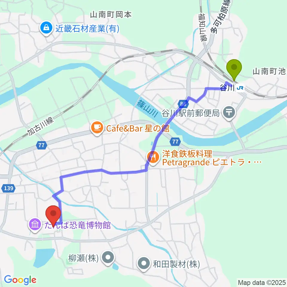 谷川駅から山南住民センターやまなみホールへのルートマップ地図