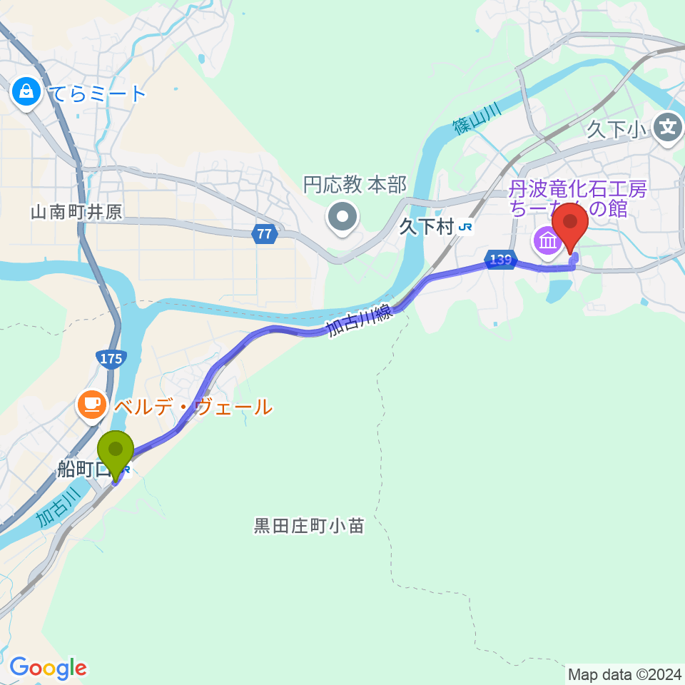 船町口駅から山南住民センターやまなみホールへのルートマップ地図