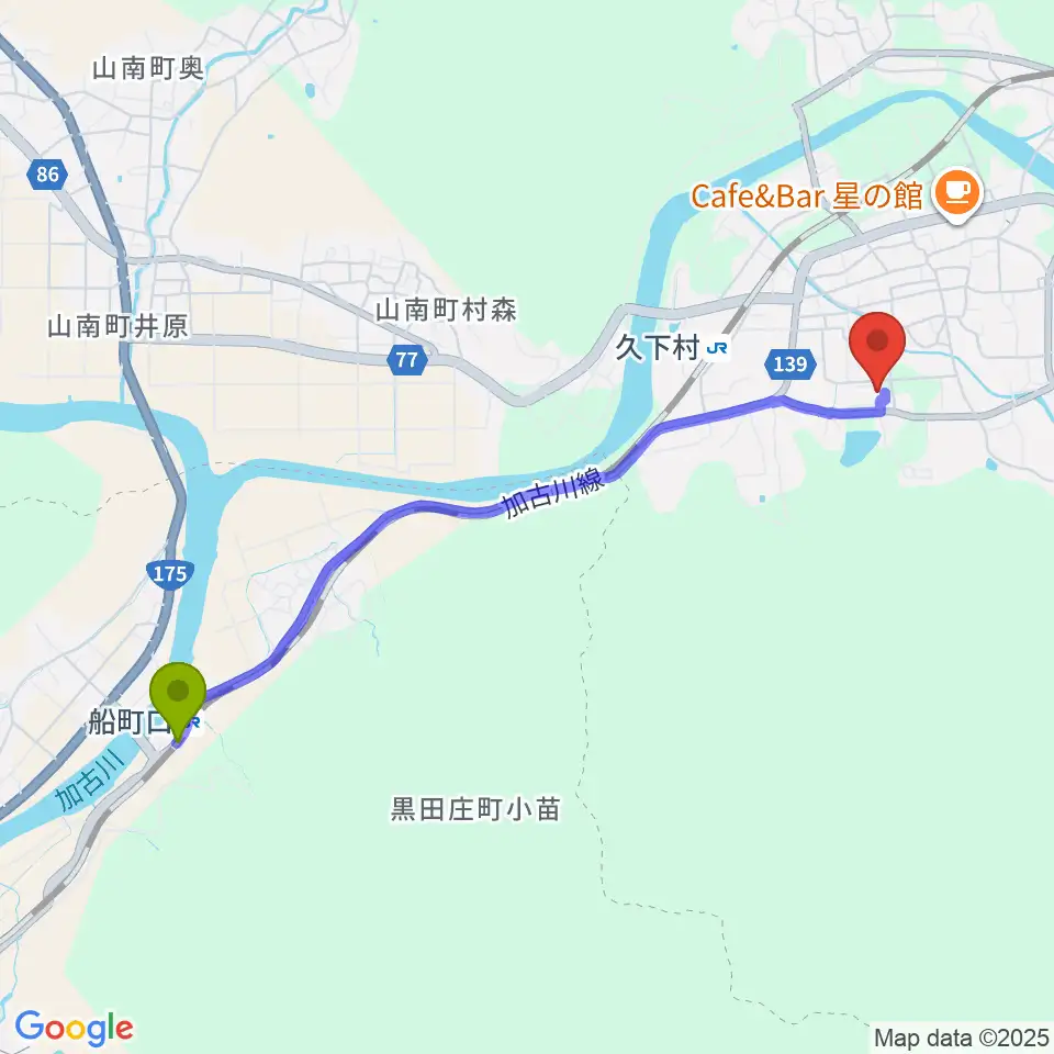 船町口駅から山南住民センターやまなみホールへのルートマップ地図