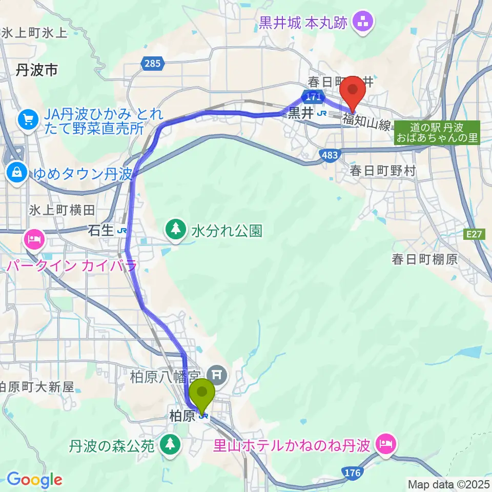 柏原駅から丹波市立春日文化ホールへのルートマップ地図