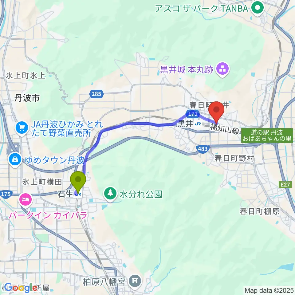 石生駅から丹波市立春日文化ホールへのルートマップ地図