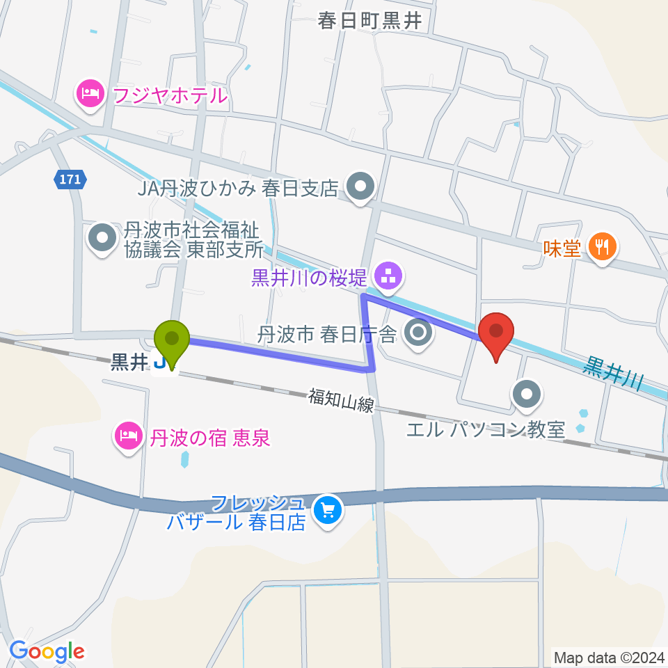 丹波市立春日文化ホールの最寄駅黒井駅からの徒歩ルート（約8分）地図