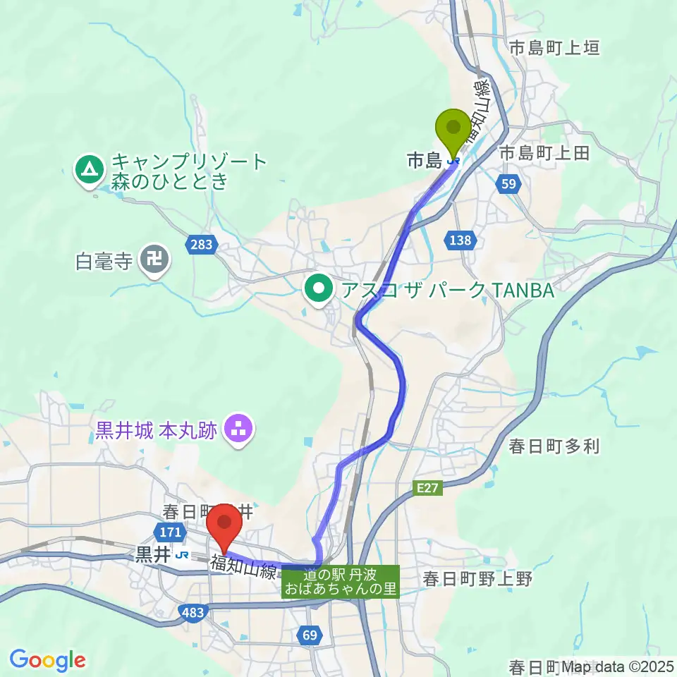 市島駅から丹波市立春日文化ホールへのルートマップ地図