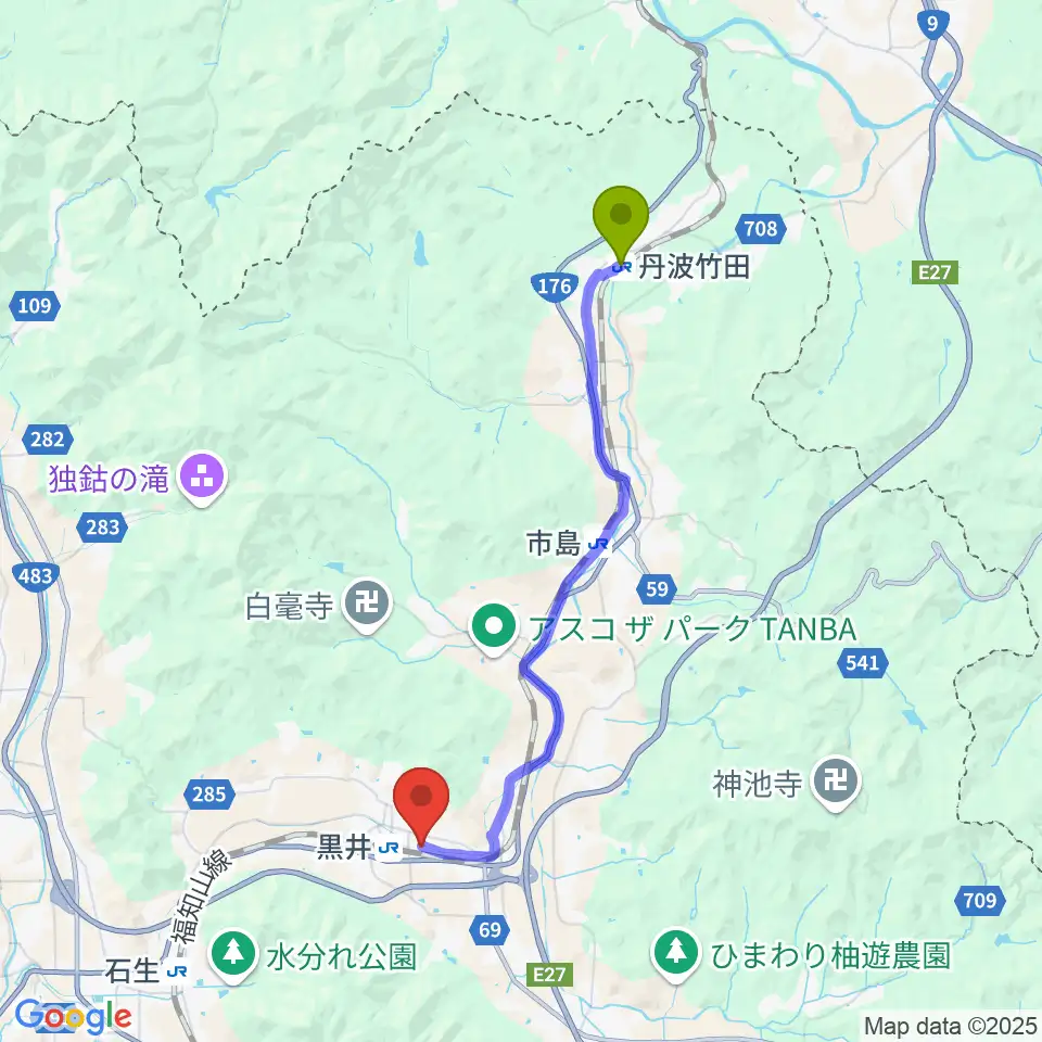 丹波竹田駅から丹波市立春日文化ホールへのルートマップ地図