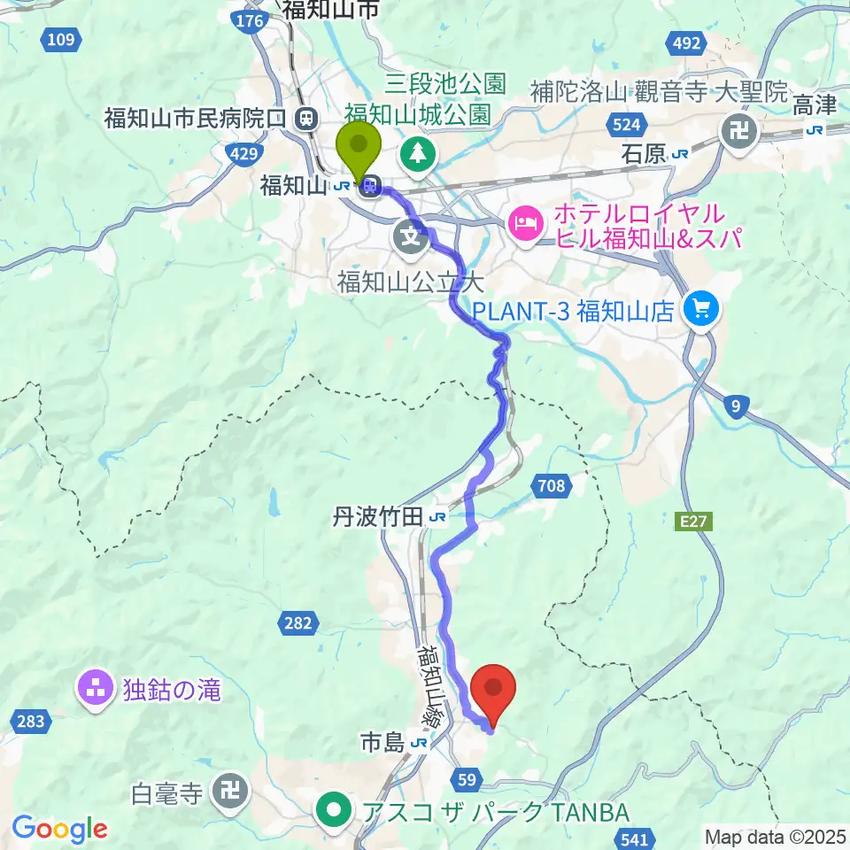 福知山駅からライフピアいちじま大ホールへのルートマップ地図