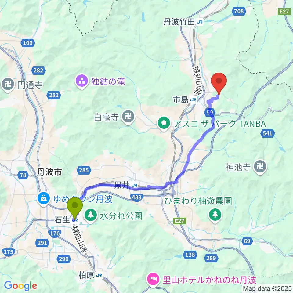 石生駅からライフピアいちじま大ホールへのルートマップ地図