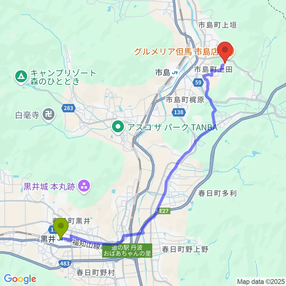 黒井駅からライフピアいちじま大ホールへのルートマップ地図