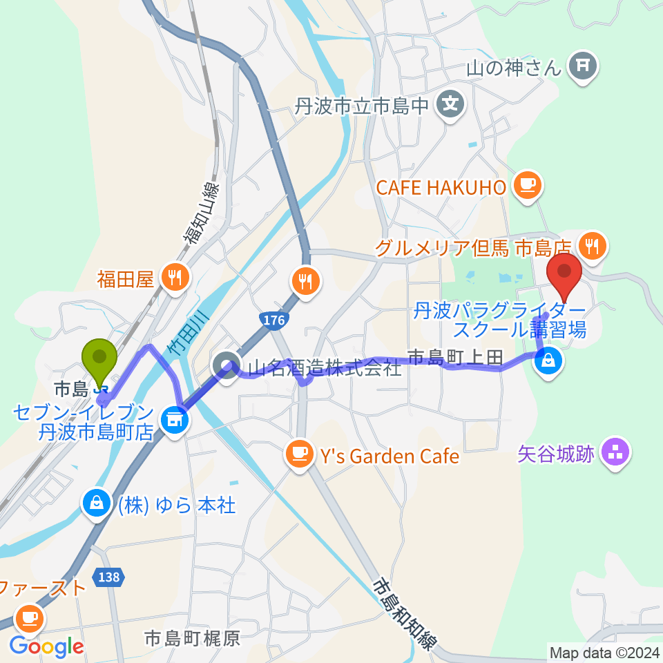 ライフピアいちじま大ホールの最寄駅市島駅からの徒歩ルート（約22分）地図