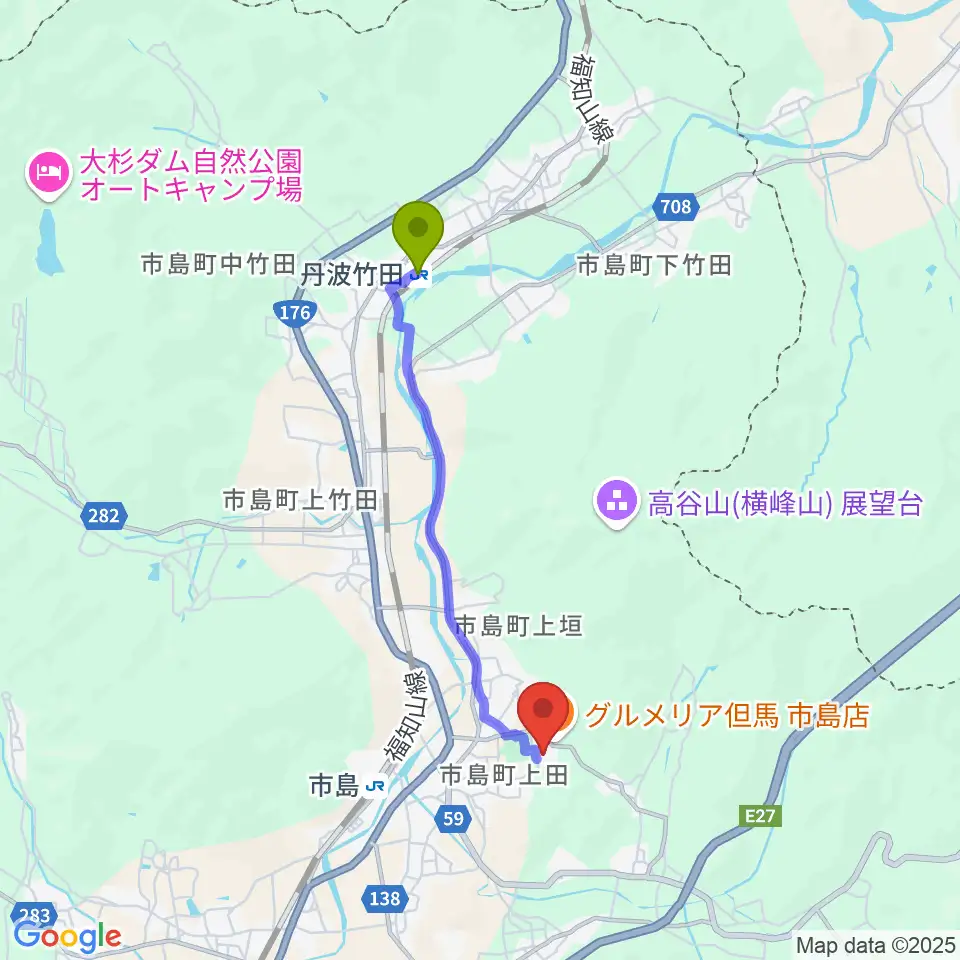丹波竹田駅からライフピアいちじま大ホールへのルートマップ地図