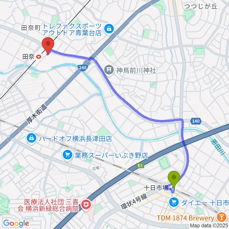 十日市場駅からSTUDIO like DRUM SCHOOLへのルートマップ地図