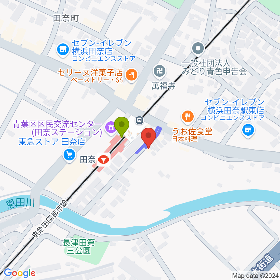 STUDIO likeドラムスクールの最寄駅田奈駅からの徒歩ルート（約1分）地図