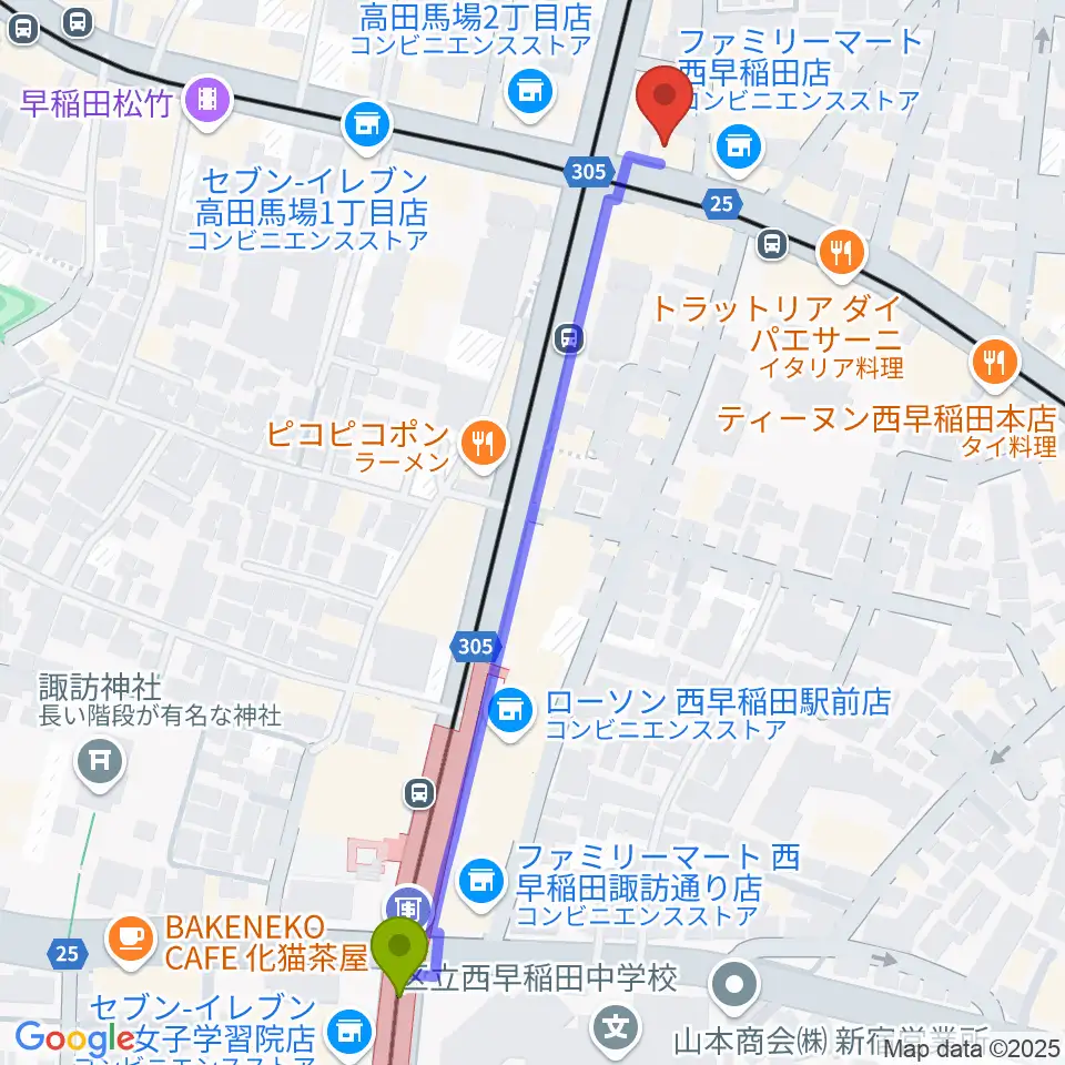 高田馬場サニーサイドの最寄駅西早稲田駅からの徒歩ルート（約6分）地図