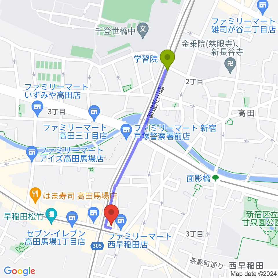 学習院下駅から高田馬場サニーサイドへのルートマップ地図