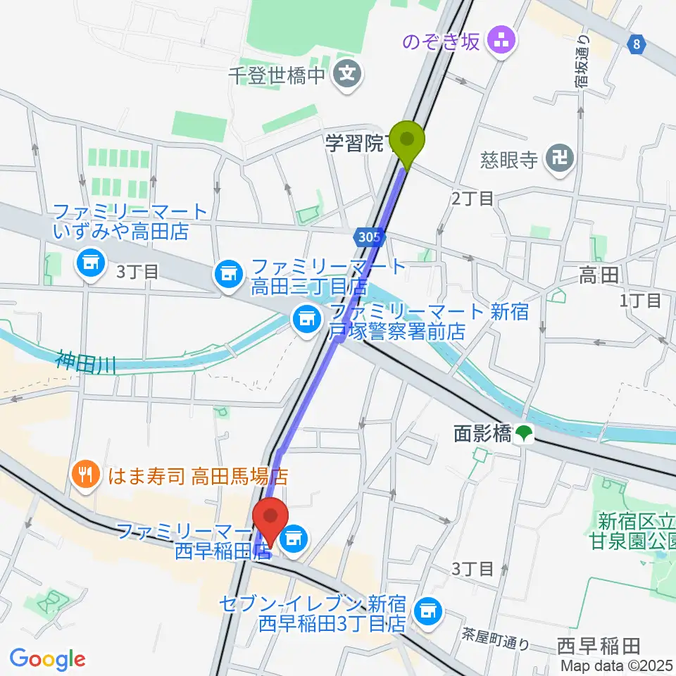 学習院下駅から高田馬場サニーサイドへのルートマップ地図