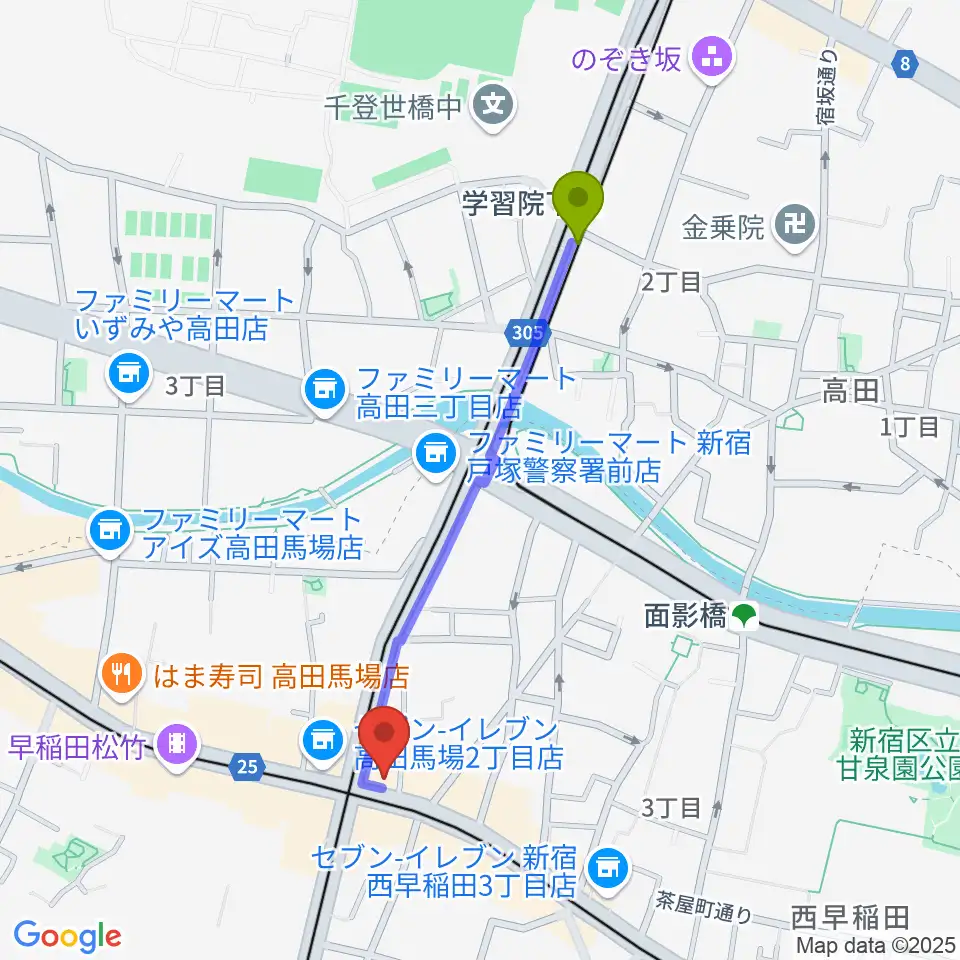 学習院下駅から高田馬場サニーサイドへのルートマップ地図