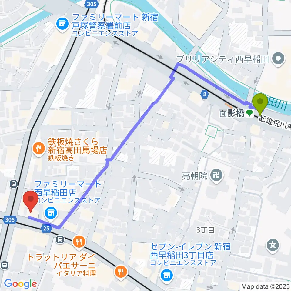 面影橋駅から高田馬場サニーサイドへのルートマップ地図