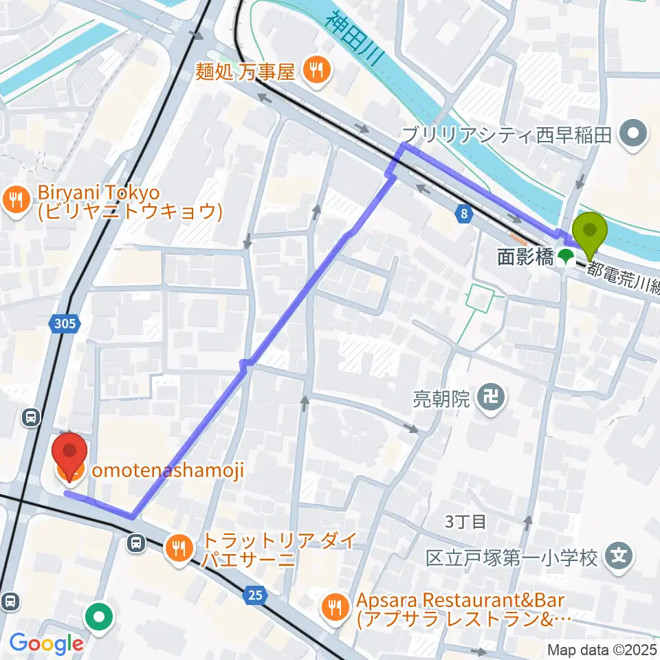 面影橋駅から高田馬場サニーサイドへのルートマップ地図