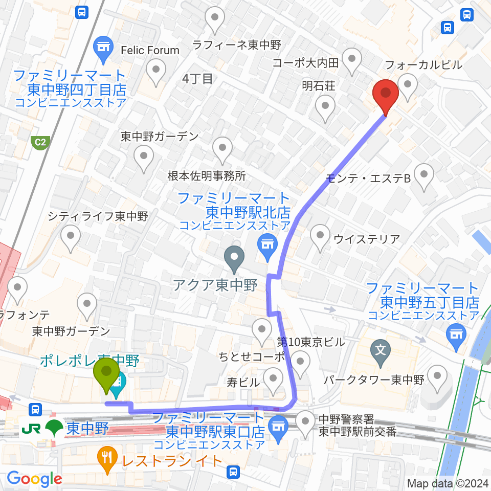 東中野駅から東中野セロニアスへのルートマップ地図