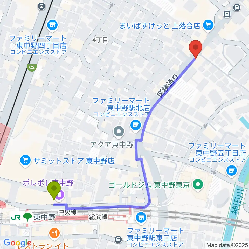 東中野駅から東中野セロニアスへのルートマップ地図