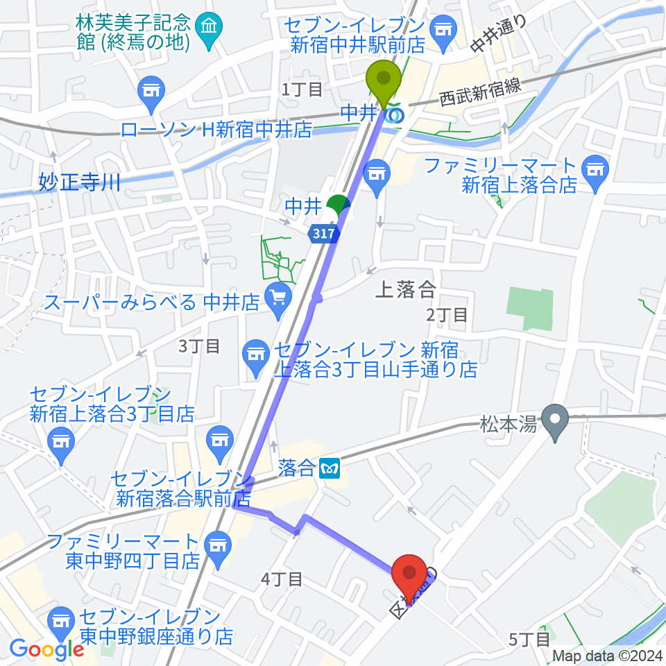 中井駅から東中野セロニアスへのルートマップ地図