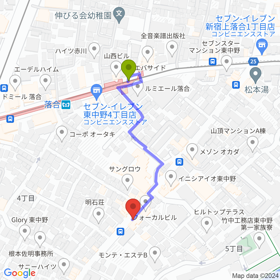 東中野セロニアスの最寄駅落合駅からの徒歩ルート（約4分）地図