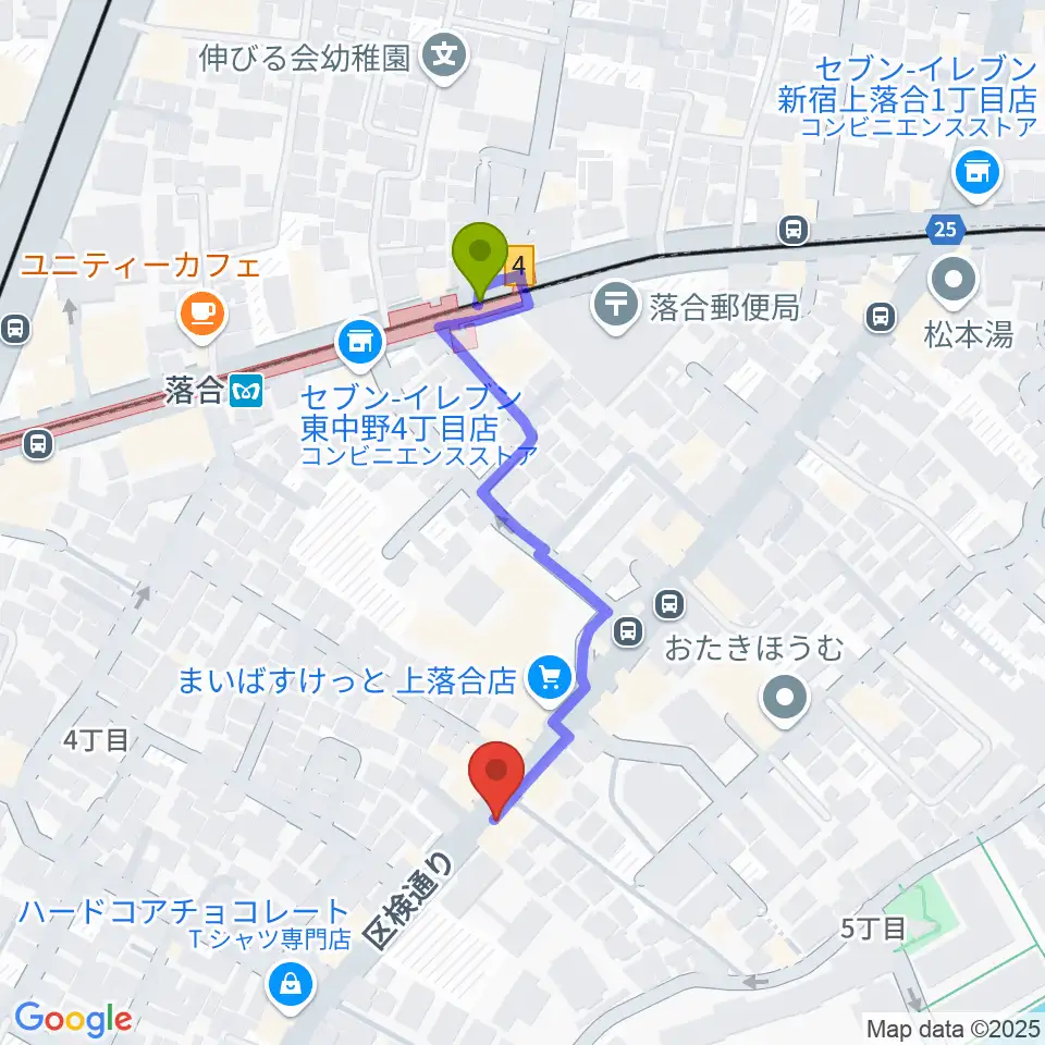 東中野セロニアスの最寄駅落合駅からの徒歩ルート（約4分）地図