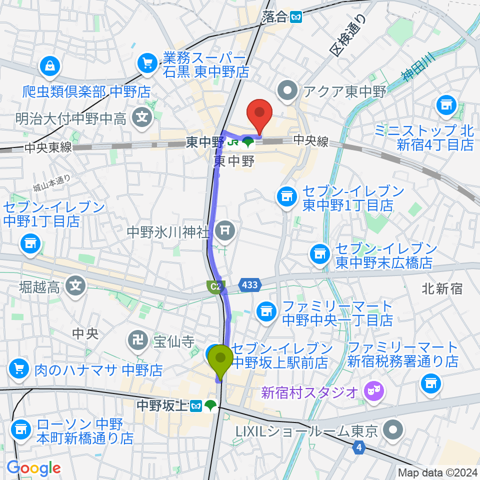 中野坂上駅から東中野ポレポレ坐へのルートマップ地図