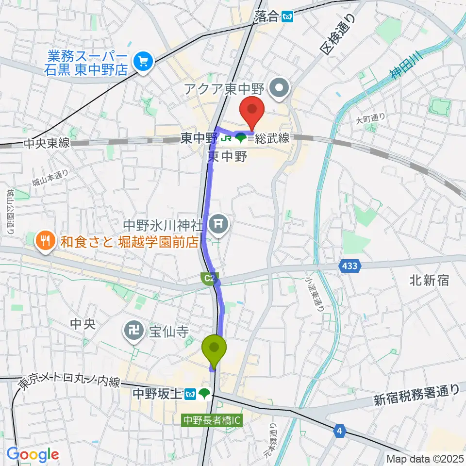 中野坂上駅から東中野ポレポレ坐へのルートマップ地図
