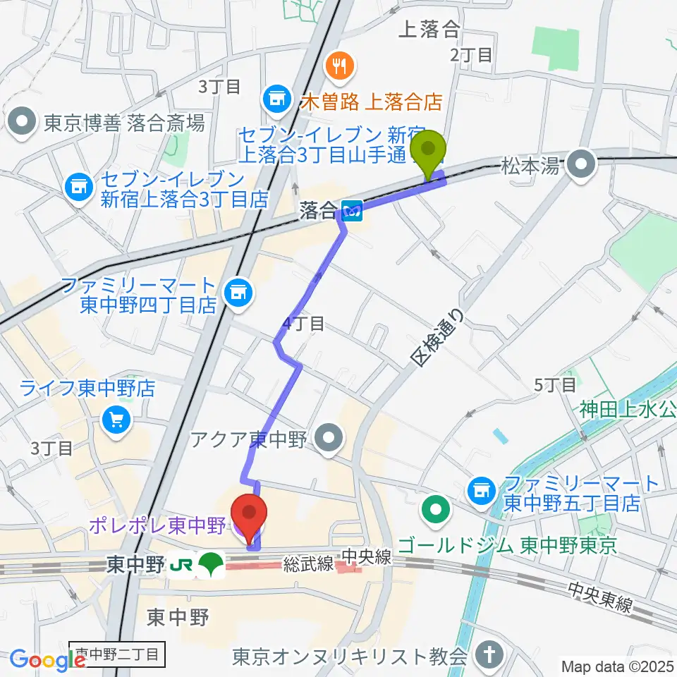 落合駅から東中野ポレポレ坐へのルートマップ地図