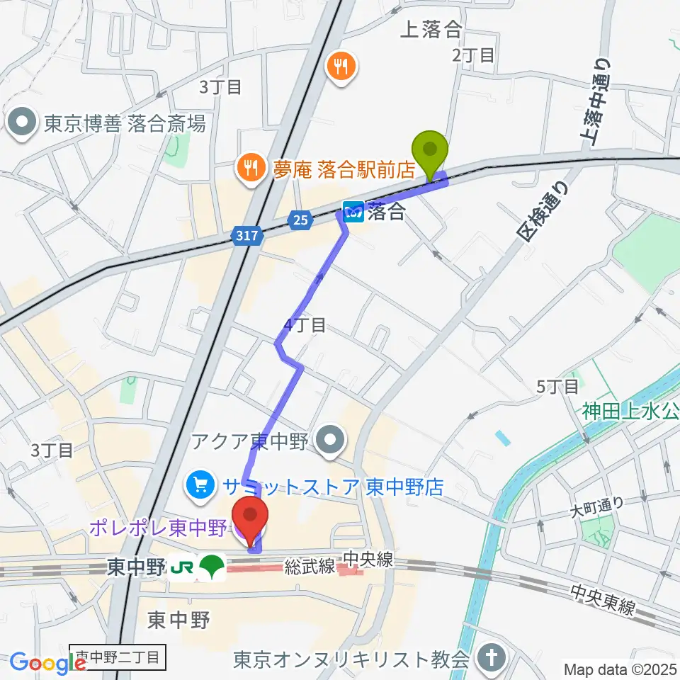 落合駅から東中野ポレポレ坐へのルートマップ地図