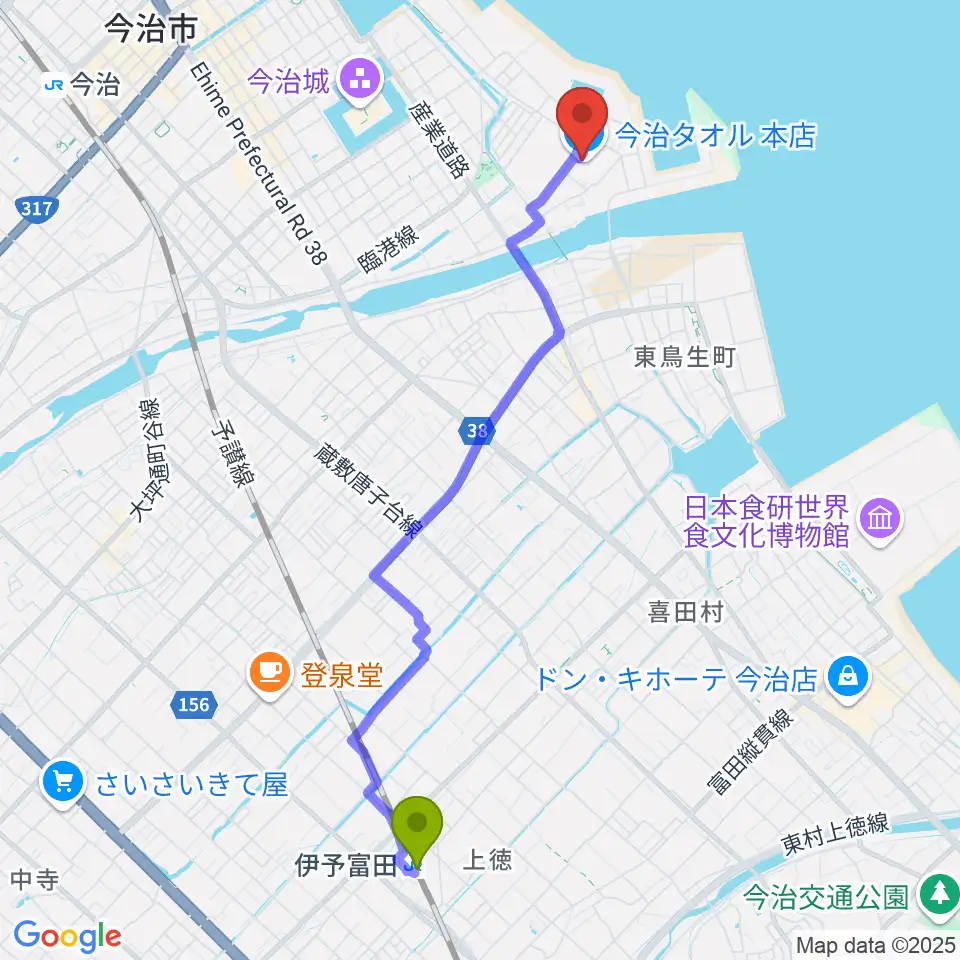 伊予富田駅からテクスポート今治へのルートマップ地図