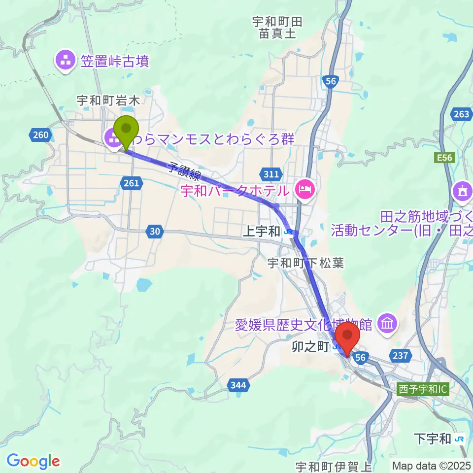 伊予石城駅から西予市宇和文化会館へのルートマップ地図