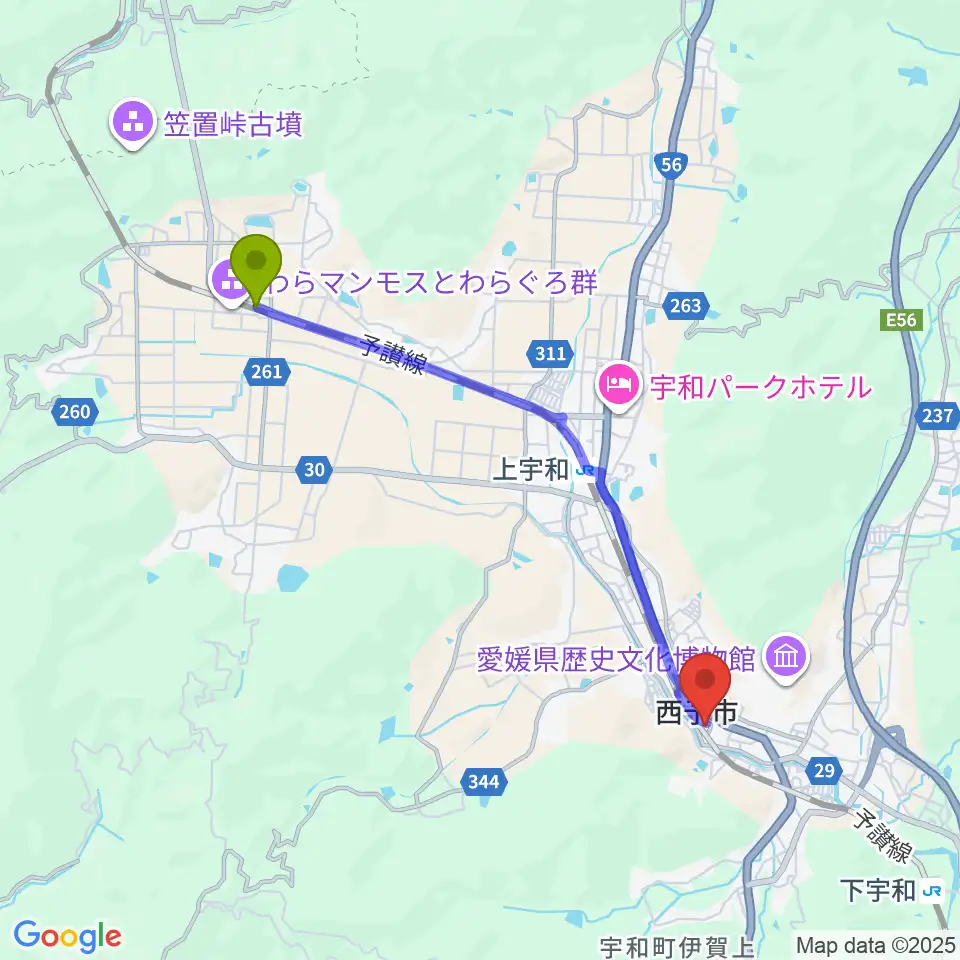伊予石城駅から西予市宇和文化会館へのルートマップ地図