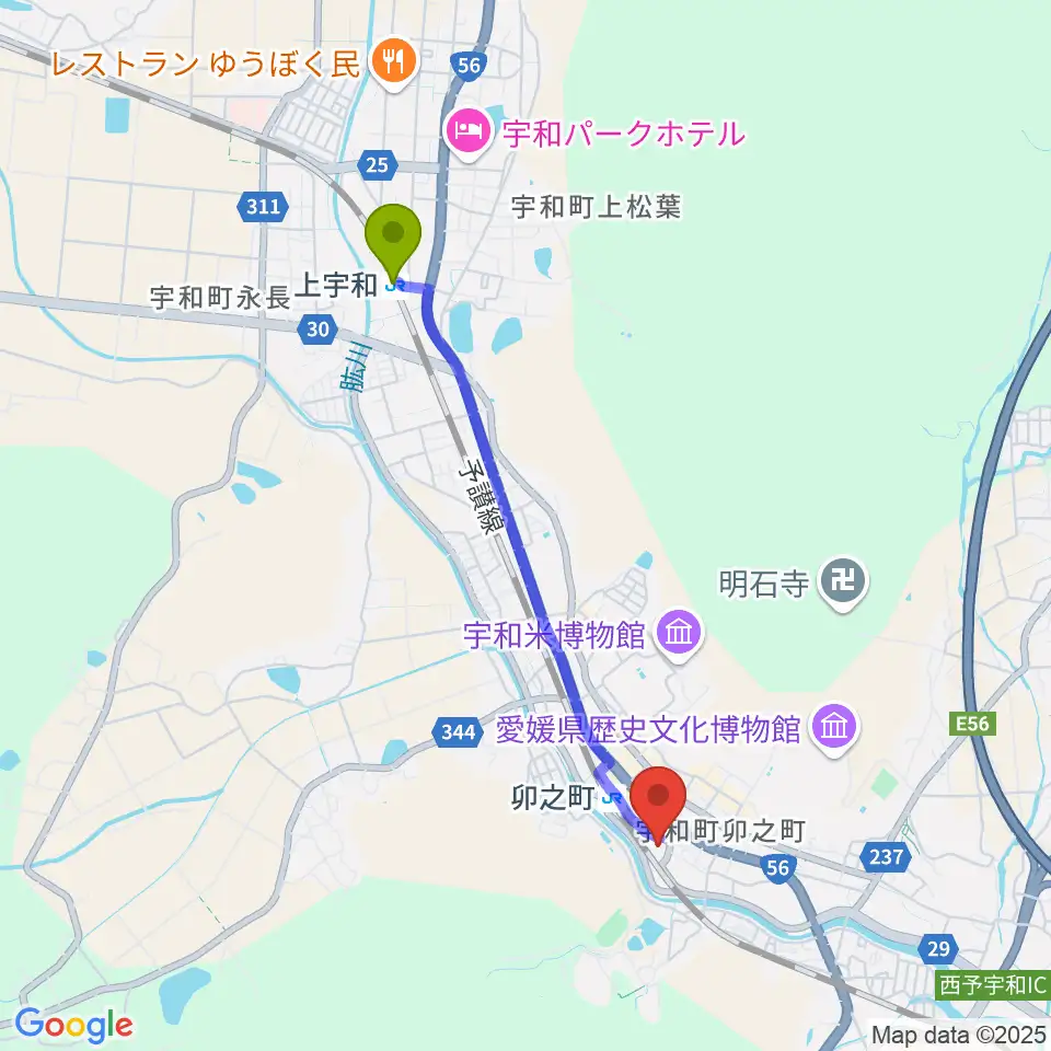 上宇和駅から西予市宇和文化会館へのルートマップ地図