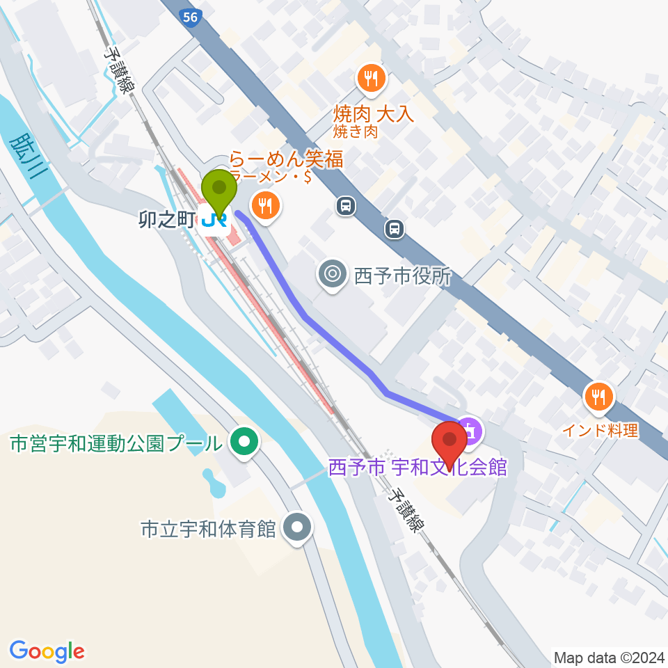 西予市宇和文化会館の最寄駅卯之町駅からの徒歩ルート（約4分）地図