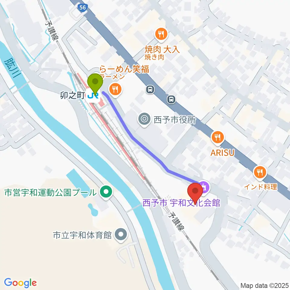 西予市宇和文化会館の最寄駅卯之町駅からの徒歩ルート（約4分）地図