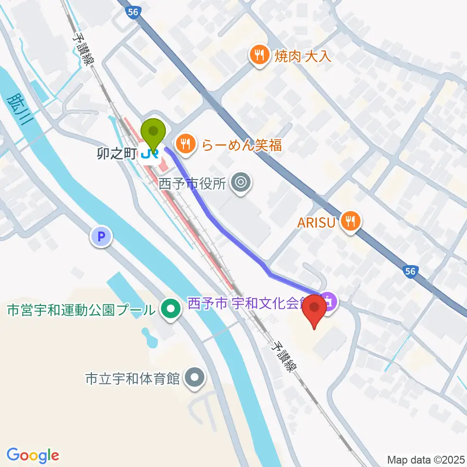 西予市宇和文化会館の最寄駅卯之町駅からの徒歩ルート（約4分）地図