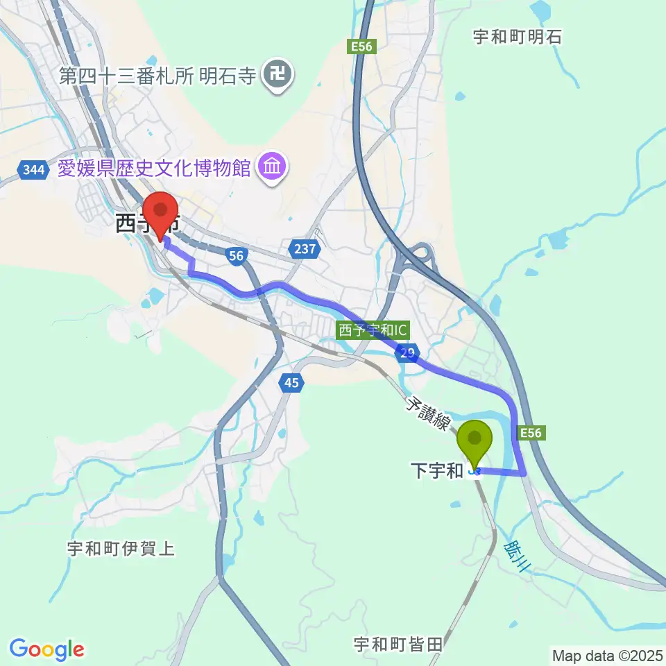 下宇和駅から西予市宇和文化会館へのルートマップ地図