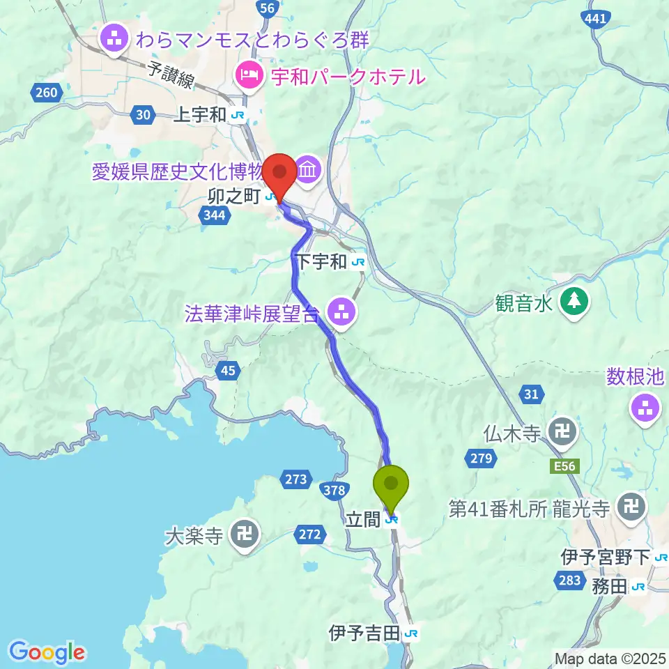 立間駅から西予市宇和文化会館へのルートマップ地図