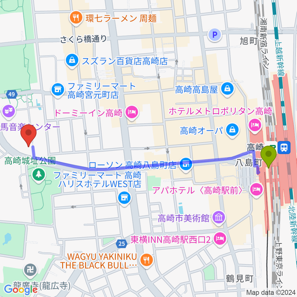 群馬シンフォニーホールの最寄駅高崎駅からの徒歩ルート（約13分）地図