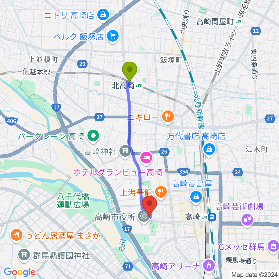 北高崎駅から群馬シンフォニーホールへのルートマップ地図