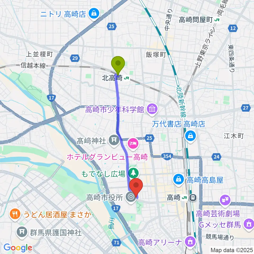 北高崎駅から群馬シンフォニーホールへのルートマップ地図